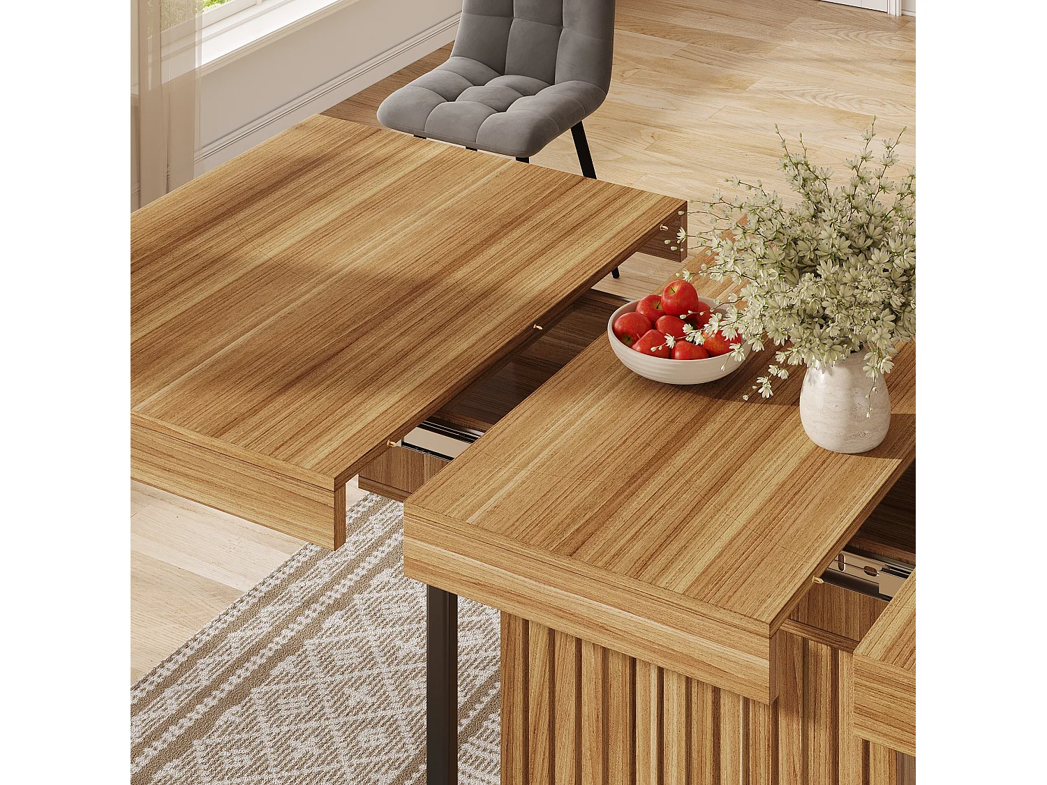 Table à manger extensible avec rangement dissimulé, 1 porte - MDF - 120 à 160 x 80 x 75,5 cm - Marron