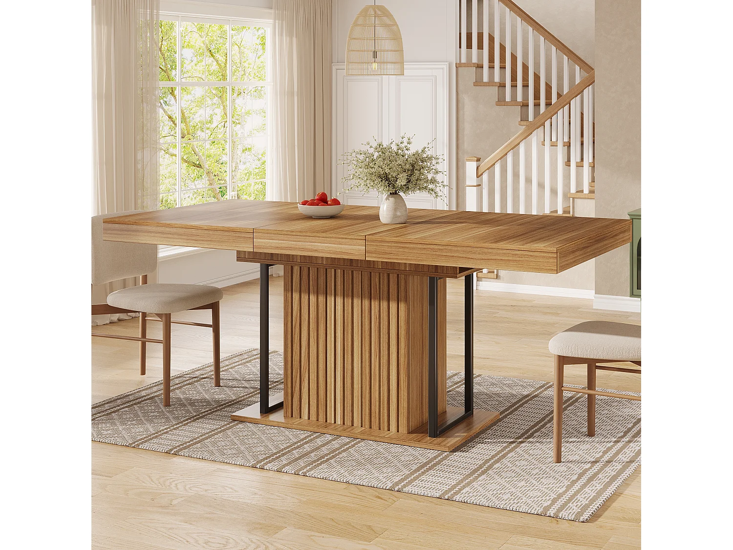 Table à manger extensible avec rangement dissimulé, 1 porte - MDF - 120 à 160 x 80 x 75,5 cm - Marron