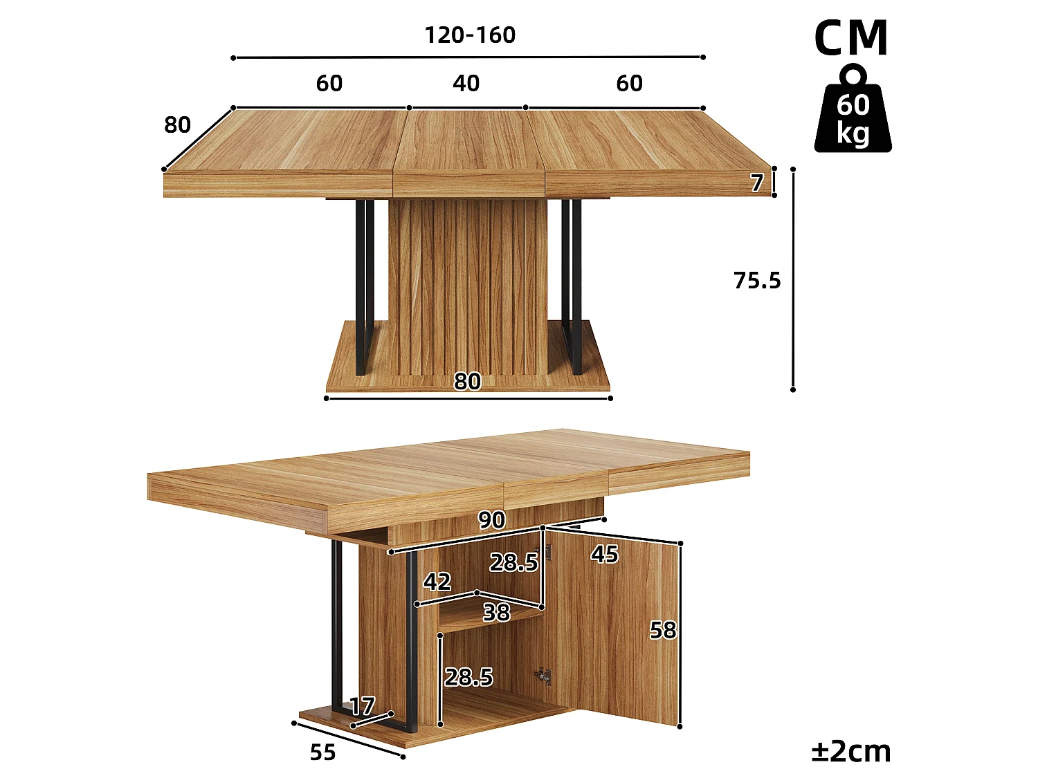 Table à manger extensible avec rangement dissimulé, 1 porte - MDF - 120 à 160 x 80 x 75,5 cm - Marron