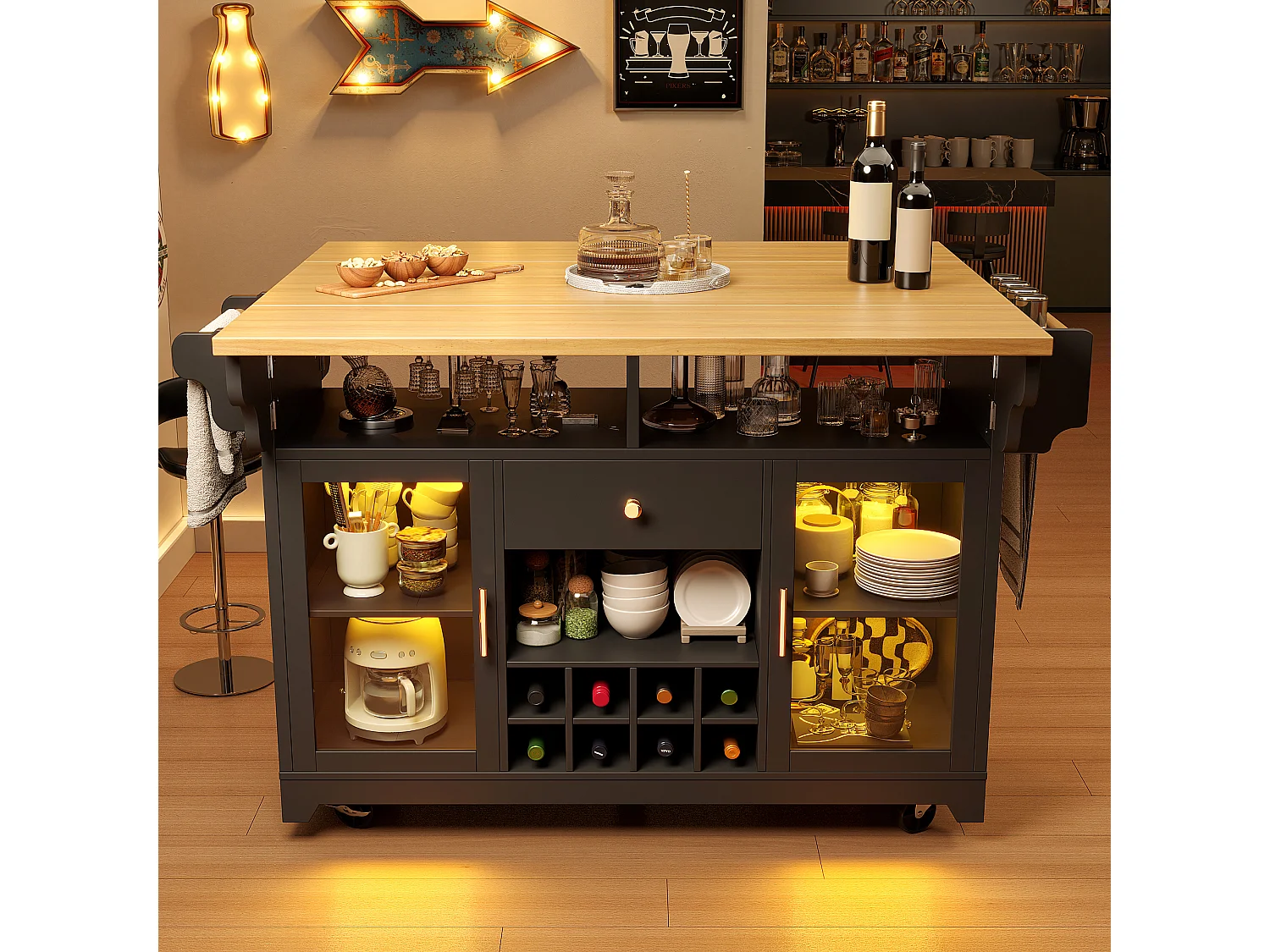 Isla de cocina con iluminación LED, estantes plegables, 2 puertas, 1 cajón y botellero - MDF, metal - 120 x 40/80 x 95 cm - Negro