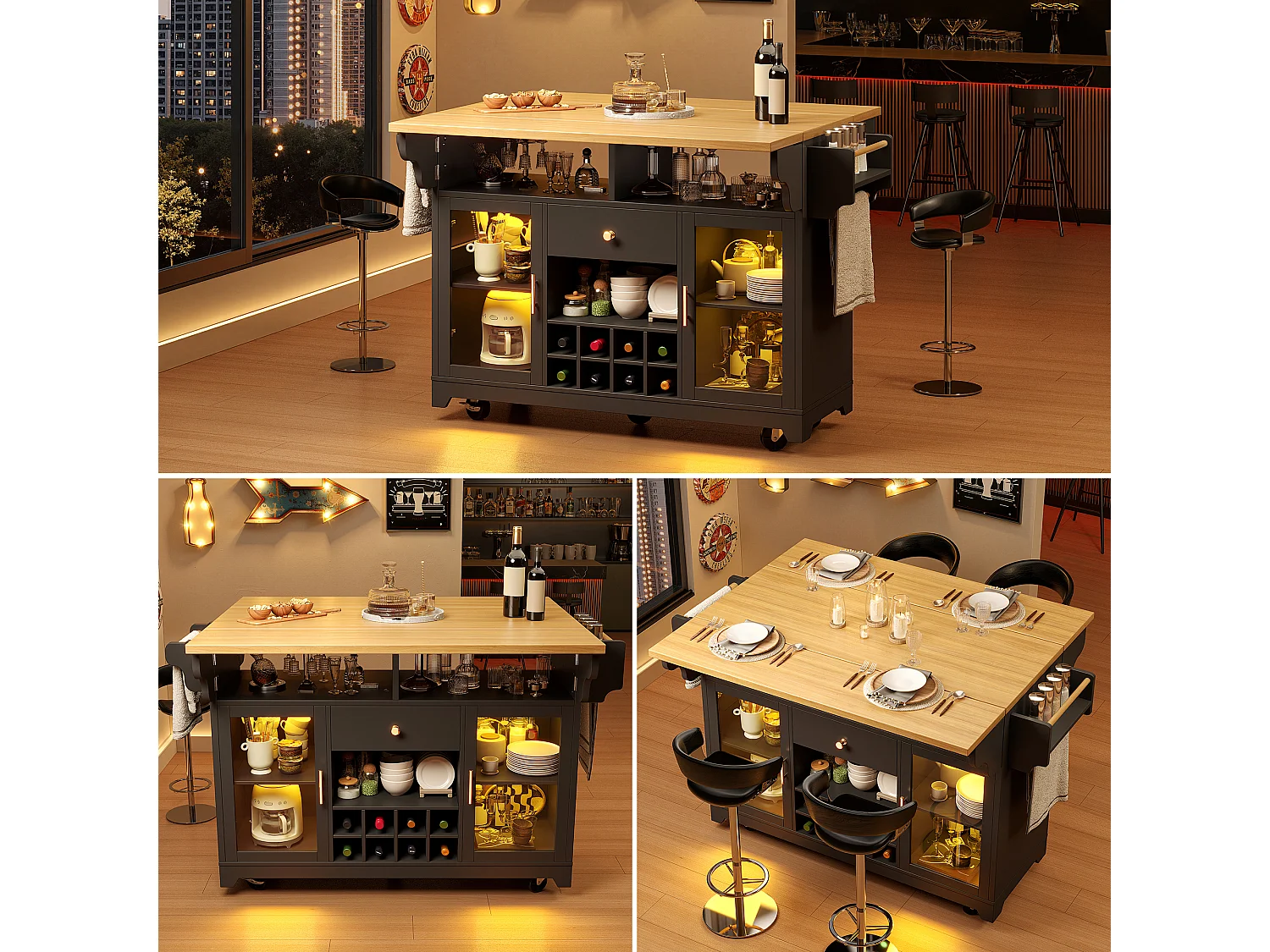 Isla de cocina con iluminación LED, estantes plegables, 2 puertas, 1 cajón y botellero - MDF, metal - 120 x 40/80 x 95 cm - Negro