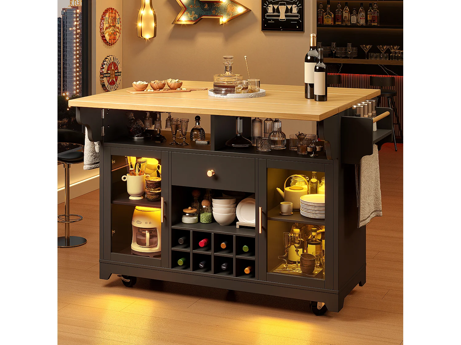 Isla de cocina con iluminación LED, estantes plegables, 2 puertas, 1 cajón y botellero - MDF, metal - 120 x 40/80 x 95 cm - Negro
