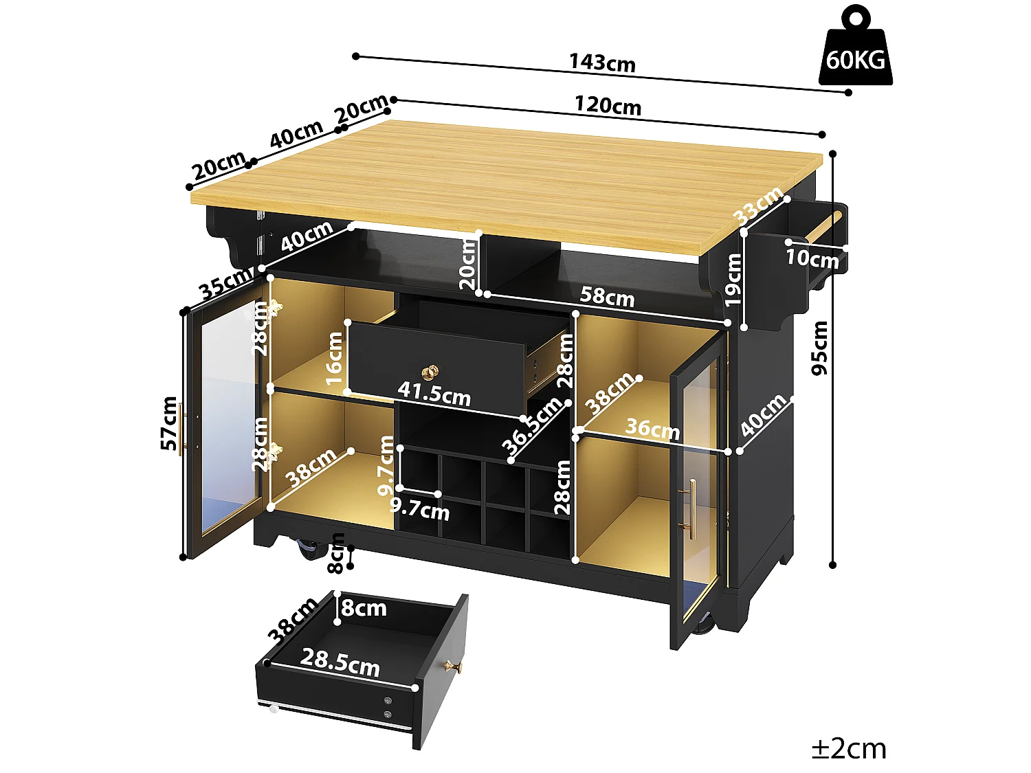 Isla de cocina con iluminación LED, estantes plegables, 2 puertas, 1 cajón y botellero - MDF, metal - 120 x 40/80 x 95 cm - Negro