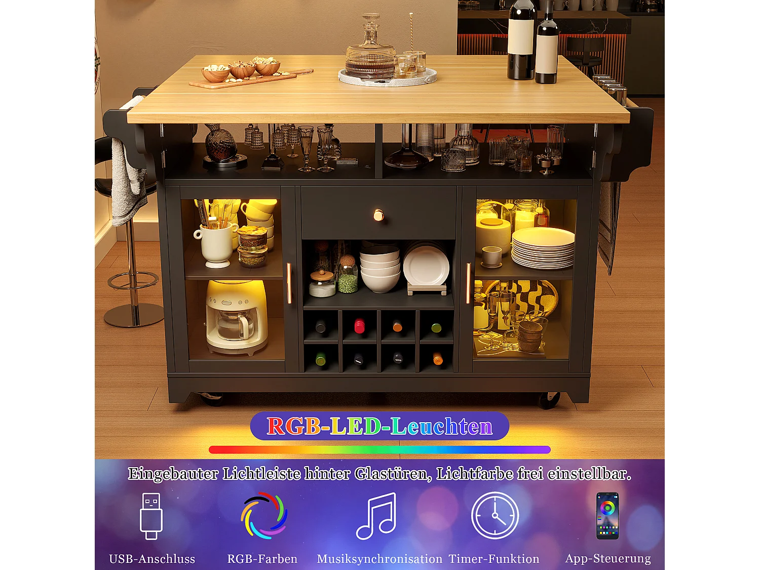 Isla de cocina con iluminación LED, estantes plegables, 2 puertas, 1 cajón y botellero - MDF, metal - 120 x 40/80 x 95 cm - Negro