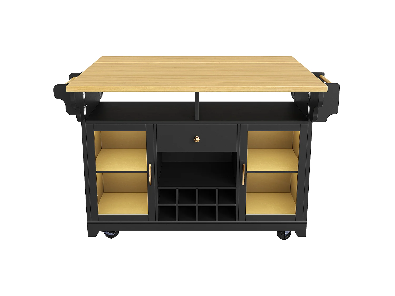 Isla de cocina con iluminación LED, estantes plegables, 2 puertas, 1 cajón y botellero - MDF, metal - 120 x 40/80 x 95 cm - Negro