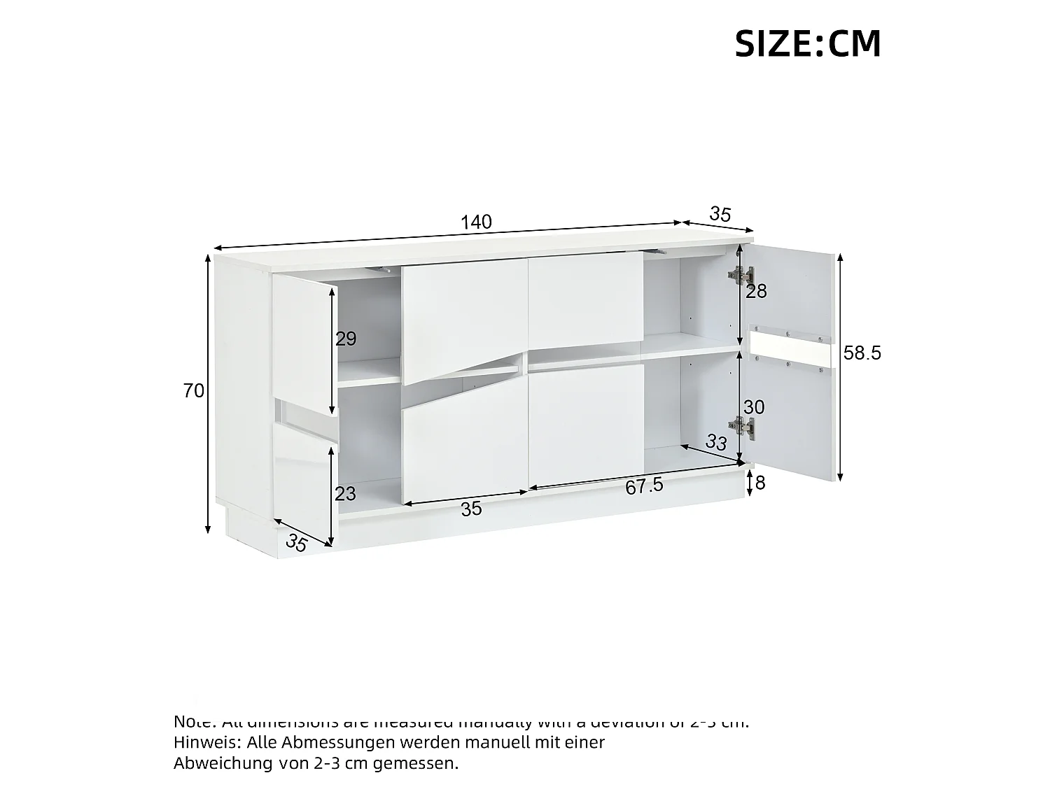 Credenza con illuminazione a LED RGB, 4 ante con frontali ondulati e ripiani regolabili - 140 x 35 x 70 cm - Bianca