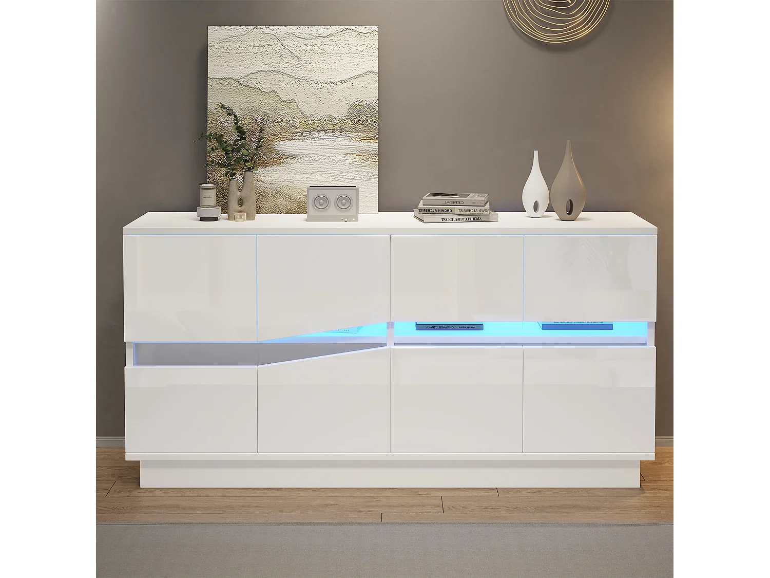 Credenza con illuminazione a LED RGB, 4 ante con frontali ondulati e ripiani regolabili - 140 x 35 x 70 cm - Bianca