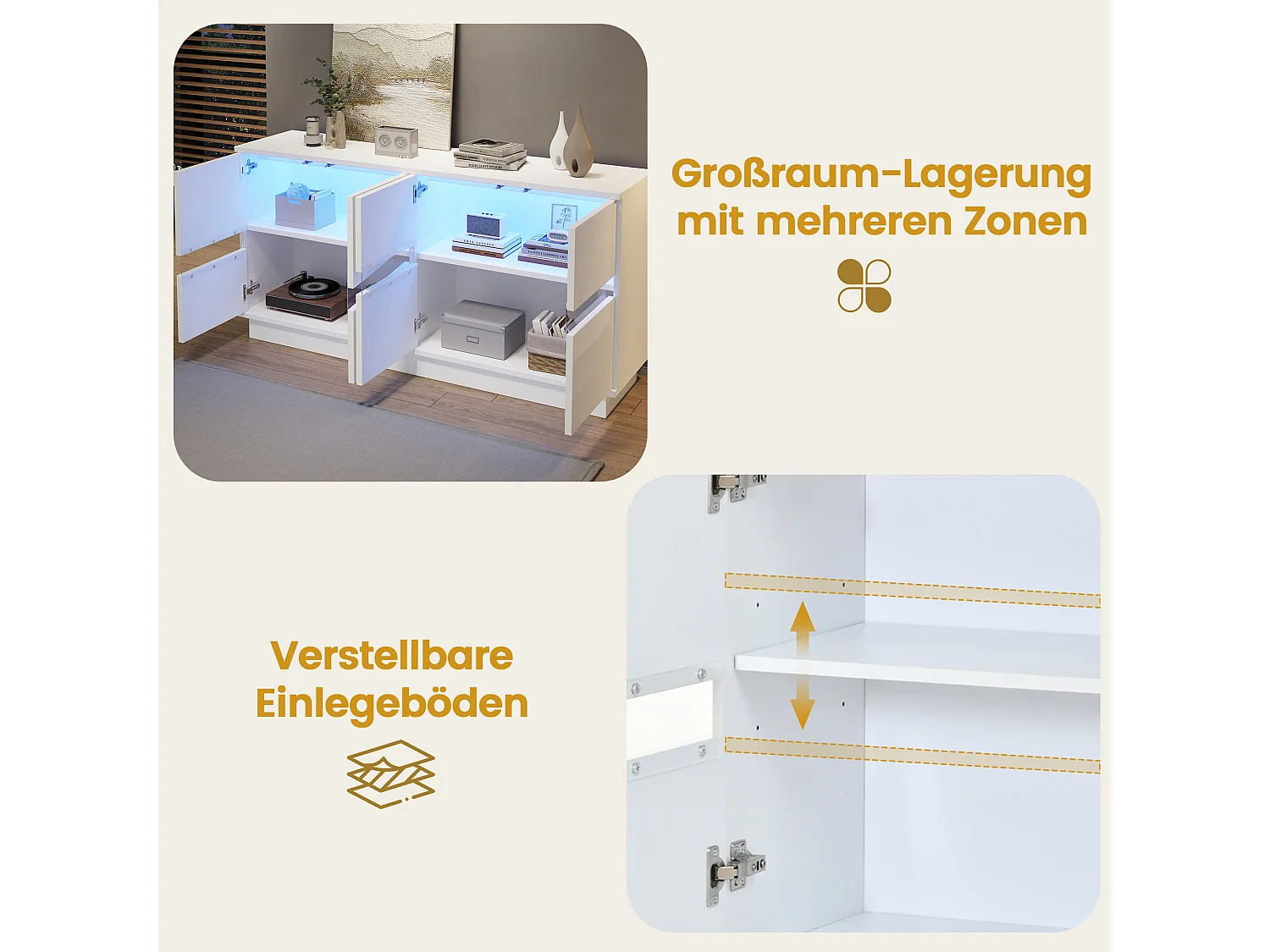 Credenza con illuminazione a LED RGB, 4 ante con frontali ondulati e ripiani regolabili - 140 x 35 x 70 cm - Bianca