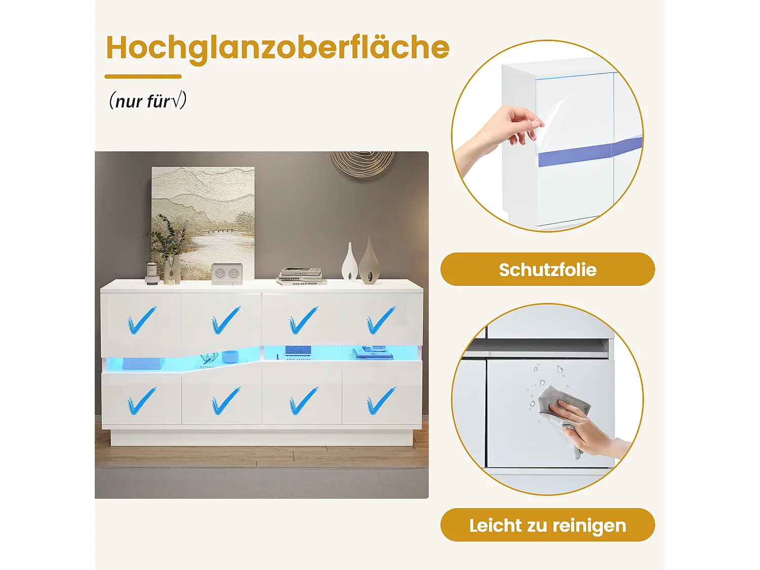 Credenza con illuminazione a LED RGB, 4 ante con frontali ondulati e ripiani regolabili - 140 x 35 x 70 cm - Bianca