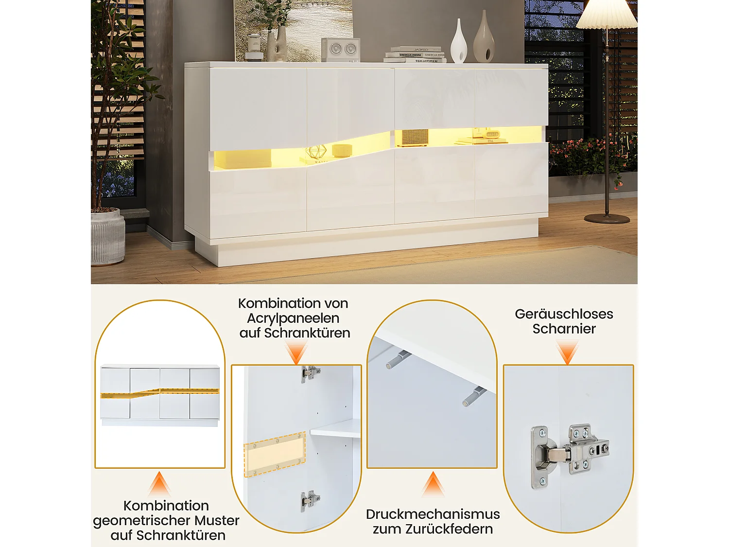 Credenza con illuminazione a LED RGB, 4 ante con frontali ondulati e ripiani regolabili - 140 x 35 x 70 cm - Bianca