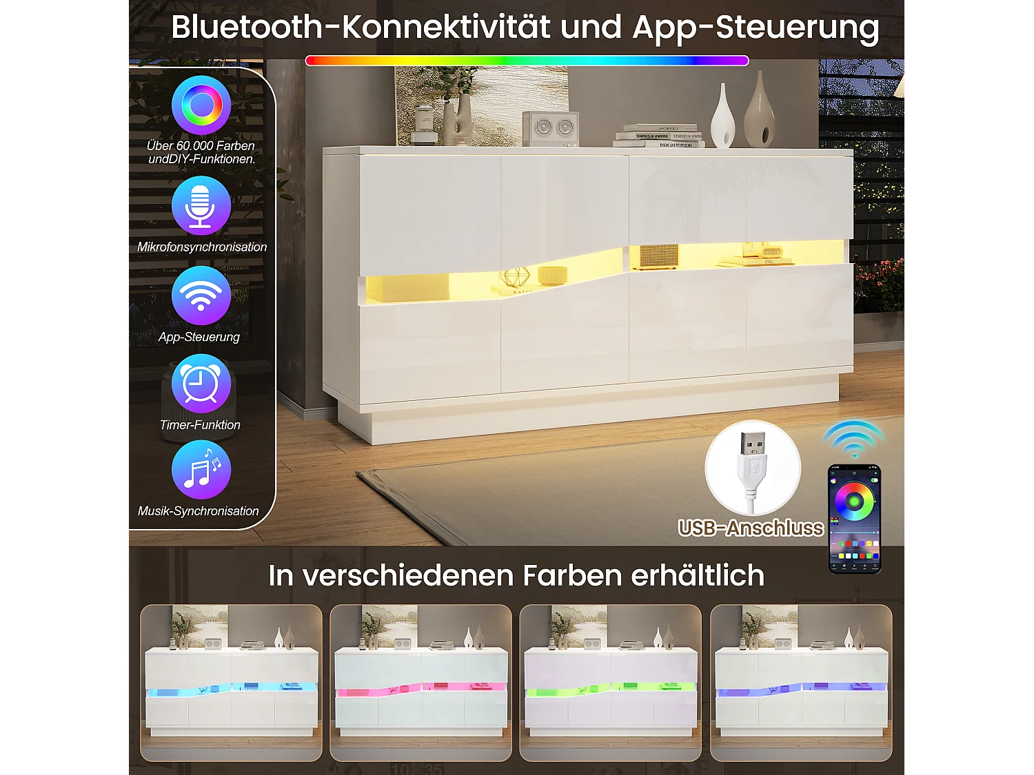 Credenza con illuminazione a LED RGB, 4 ante con frontali ondulati e ripiani regolabili - 140 x 35 x 70 cm - Bianca