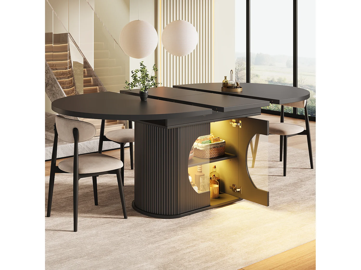 Mesa de jantar extensível com 2 portas de abertura por pressão - MDF - 118 a 158 x 118 x 76,8 cm - Preta