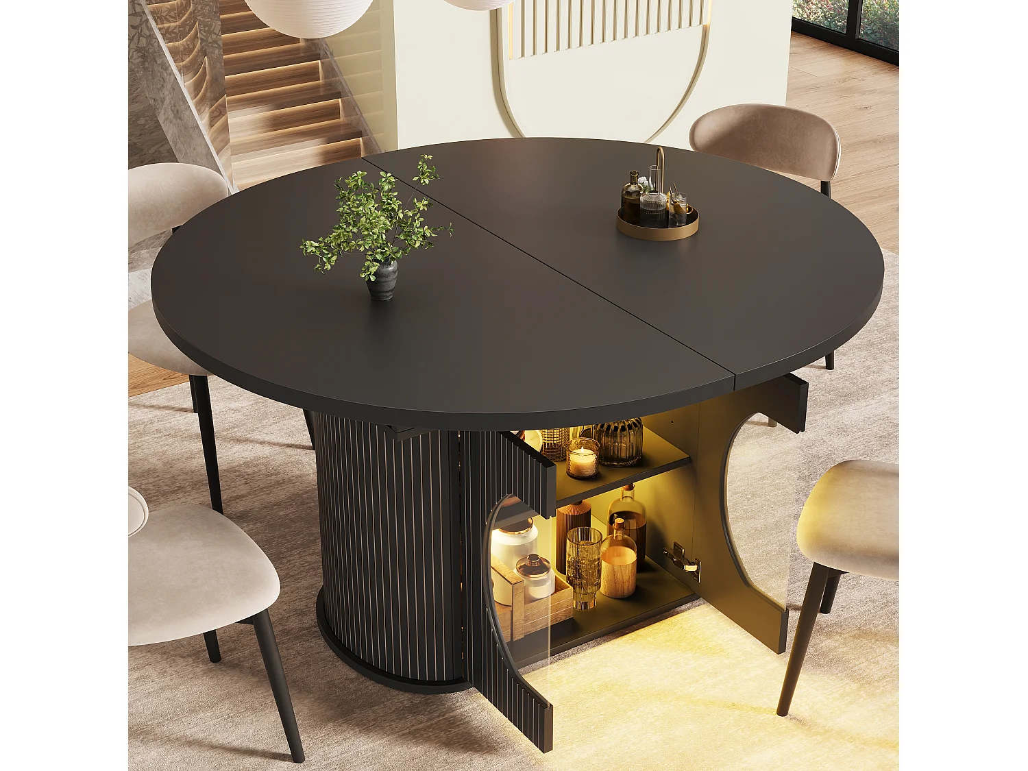 Mesa de jantar extensível com 2 portas de abertura por pressão - MDF - 118 a 158 x 118 x 76,8 cm - Preta