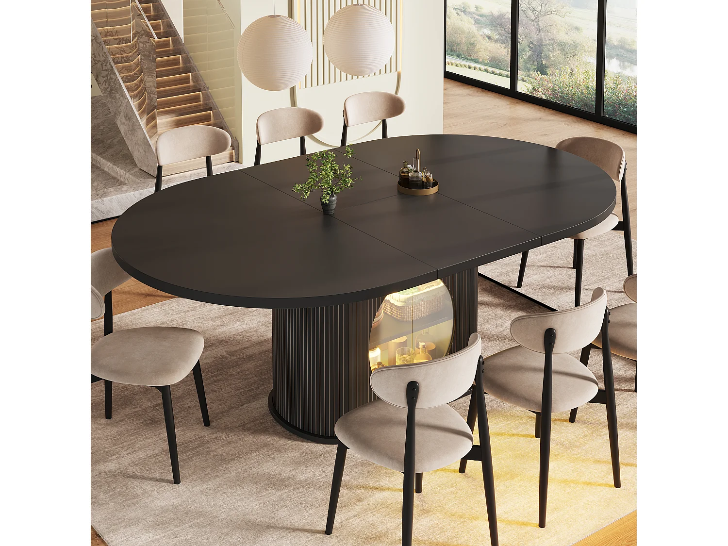 Mesa de jantar extensível com 2 portas de abertura por pressão - MDF - 118 a 158 x 118 x 76,8 cm - Preta