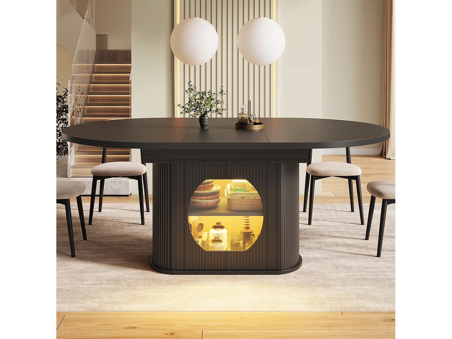 Mesa de jantar extensível com 2 portas de abertura por pressão - MDF - 118 a 158 x 118 x 76,8 cm - Preta