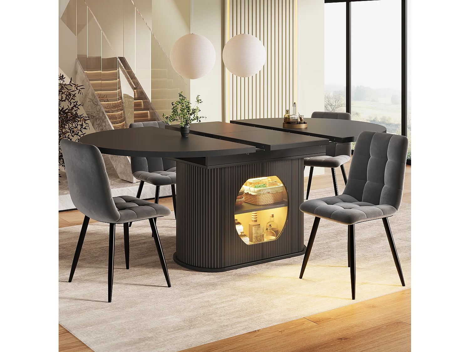 Mesa de jantar extensível com 2 portas de abertura por pressão - MDF - 118 a 158 x 118 x 76,8 cm - Preta