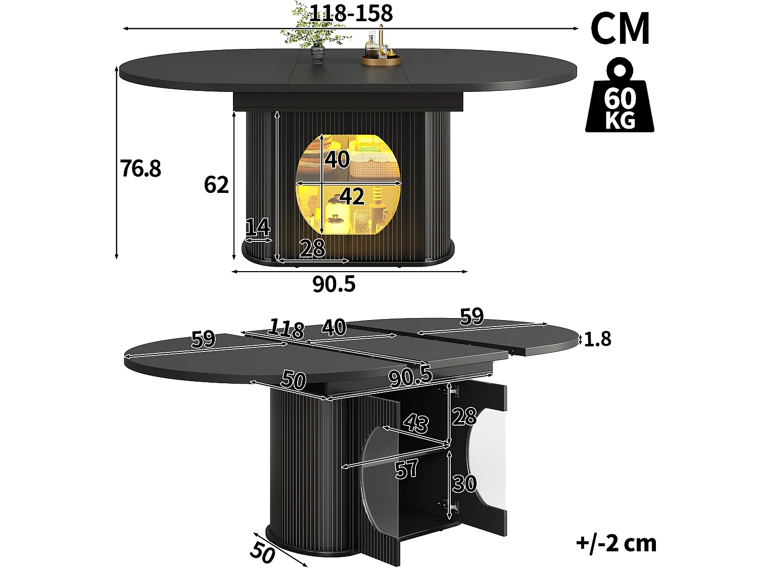 Mesa de jantar extensível com 2 portas de abertura por pressão - MDF - 118 a 158 x 118 x 76,8 cm - Preta