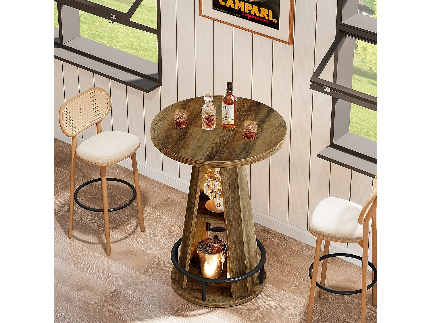100 cm högt bistrobord med förvaring, industriella cocktailbord för pubar med fotstöd i metall