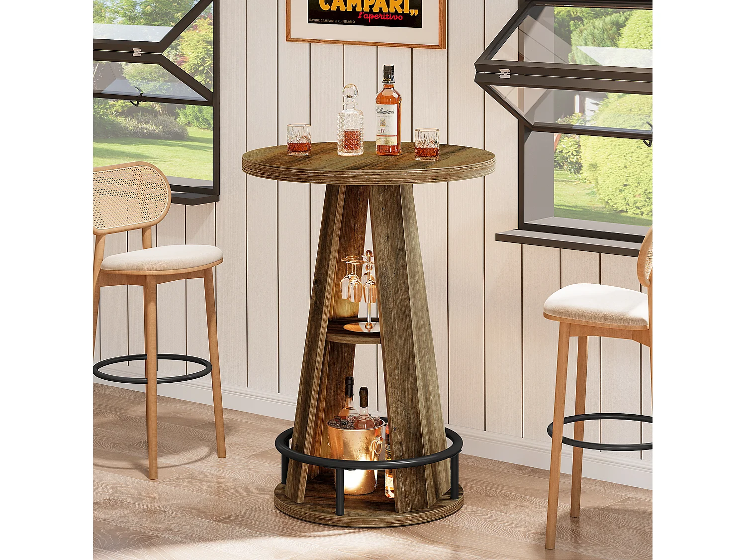 100 cm högt bistrobord med förvaring, industriella cocktailbord för pubar med fotstöd i metall