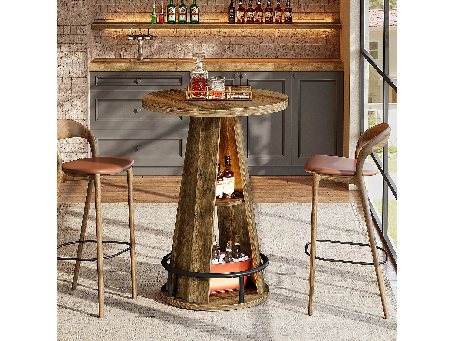 100 cm högt bistrobord med förvaring, industriella cocktailbord för pubar med fotstöd i metall