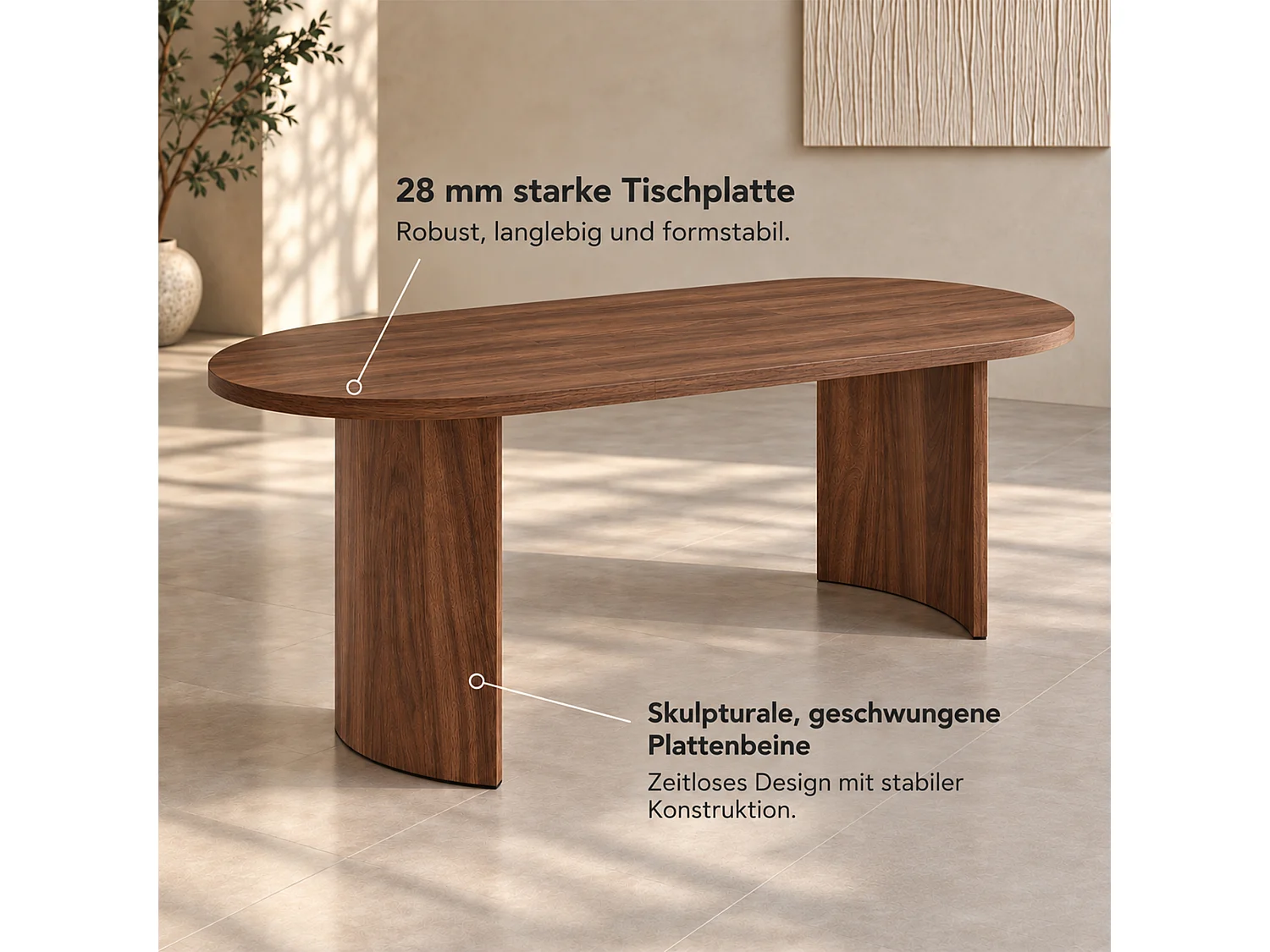 Owalny stół jadalny 200 x 90 x 75 cm, dla 6-8 osób, gruby blat z zaokrąglonymi narożnikami i wygiętymi nogami - MDF - orzech