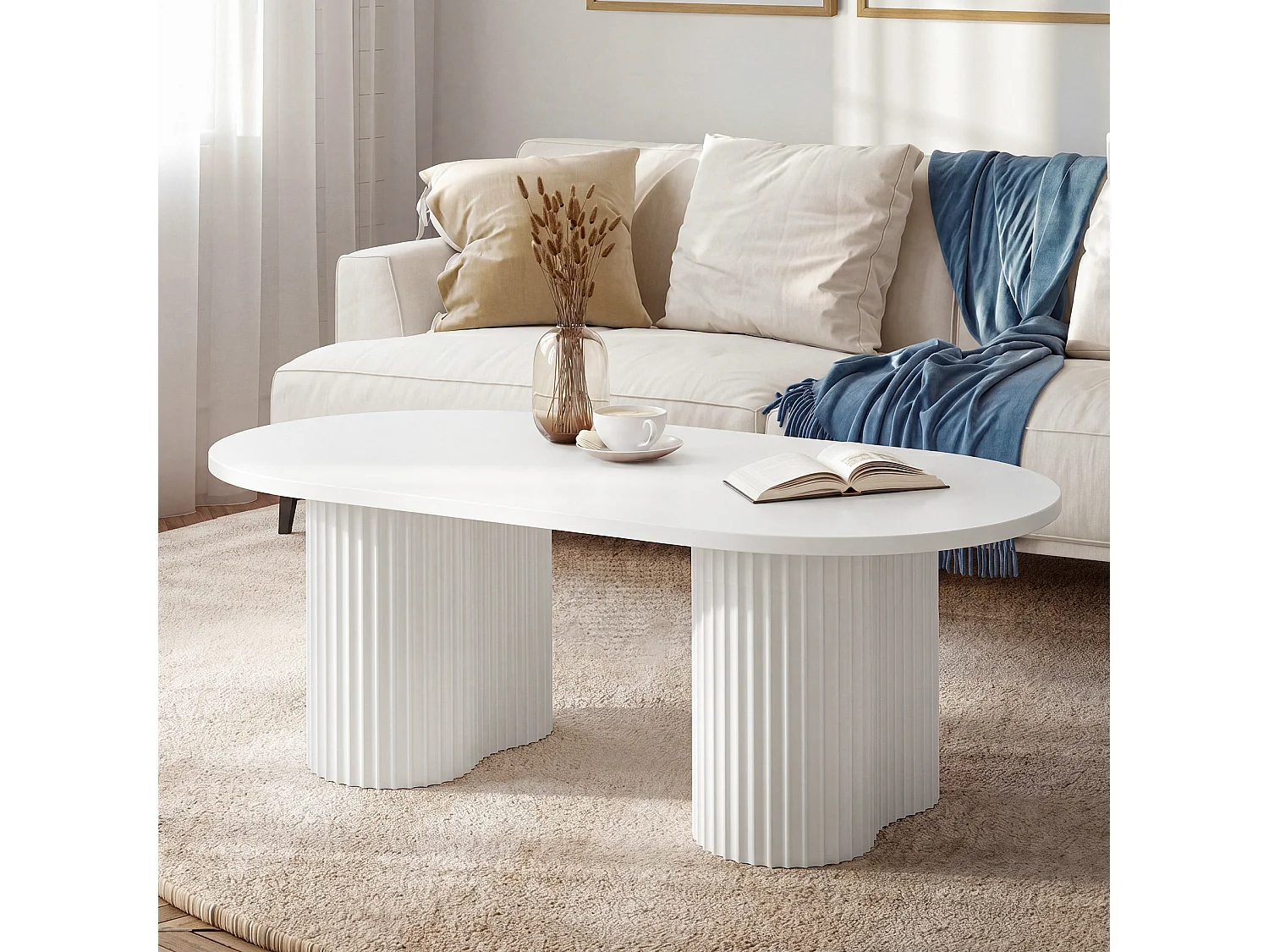 Ovalt soffbord, 120 cm modernt mittbord, vitt för vardagsrum