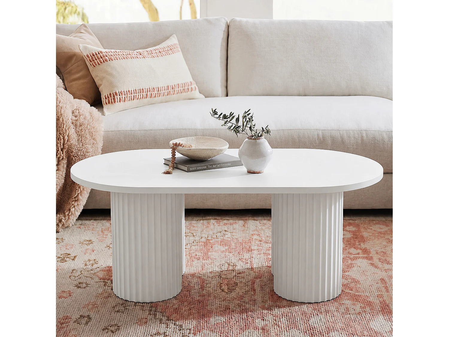 Ovalt soffbord, 120 cm modernt mittbord, vitt för vardagsrum