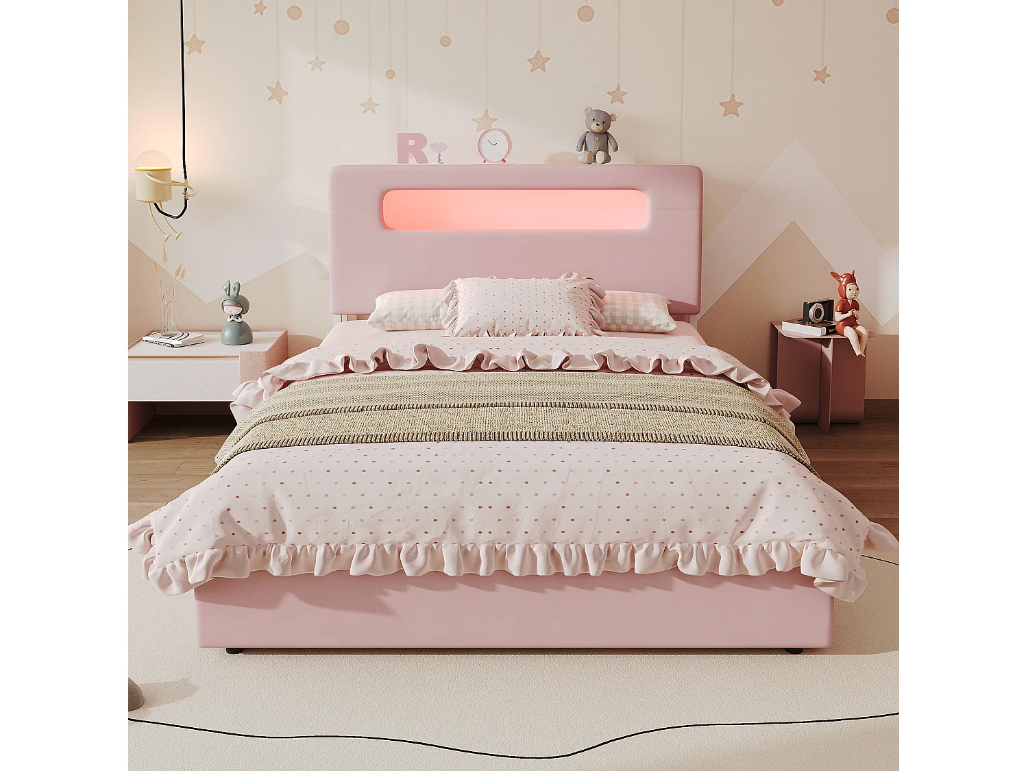 Letto per bambini 140 x 200 cm in velluto con 4 cassetti, vano contenitore e illuminazione a LED controllabile tramite app - Rosa (materasso non incluso)