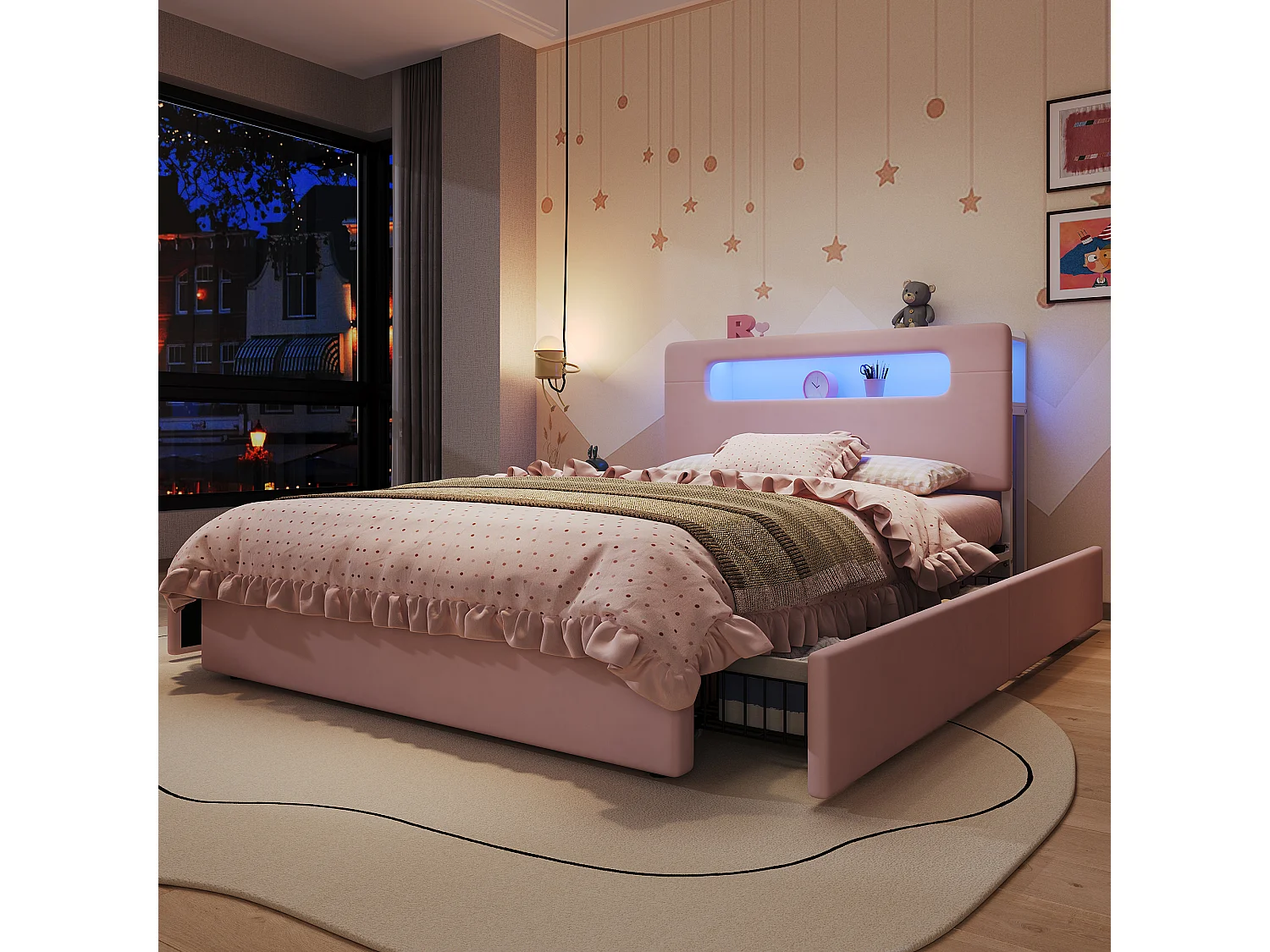 Letto per bambini 140 x 200 cm in velluto con 4 cassetti, vano contenitore e illuminazione a LED controllabile tramite app - Rosa (materasso non incluso)