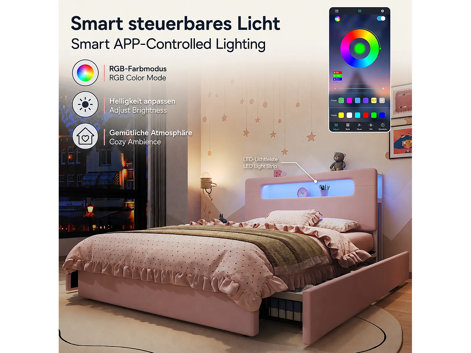 Letto per bambini 140 x 200 cm in velluto con 4 cassetti, vano contenitore e illuminazione a LED controllabile tramite app - Rosa (materasso non incluso)