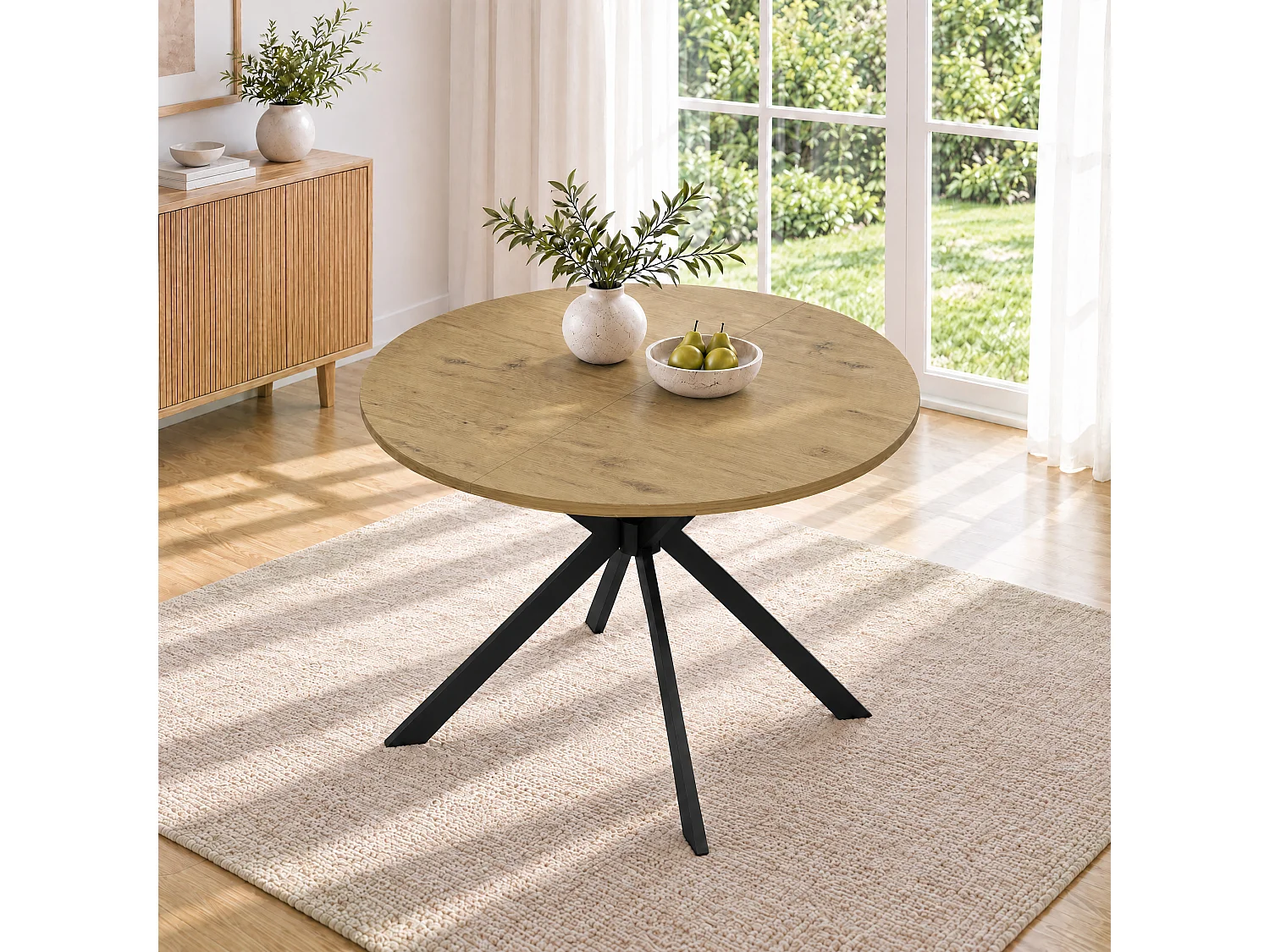 Rozkładany okrągły stół jadalny 100/140 x 100 cm ze zintegrowaną wkładką i metalowymi nogami - MDF - Imitacja drewna