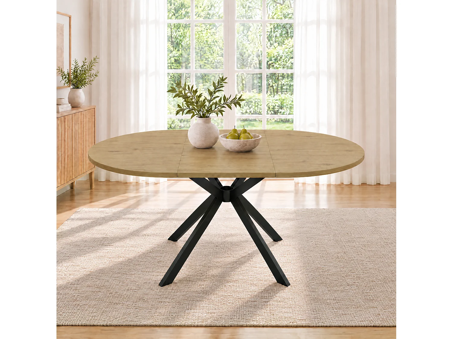 Rozkładany okrągły stół jadalny 100/140 x 100 cm ze zintegrowaną wkładką i metalowymi nogami - MDF - Imitacja drewna