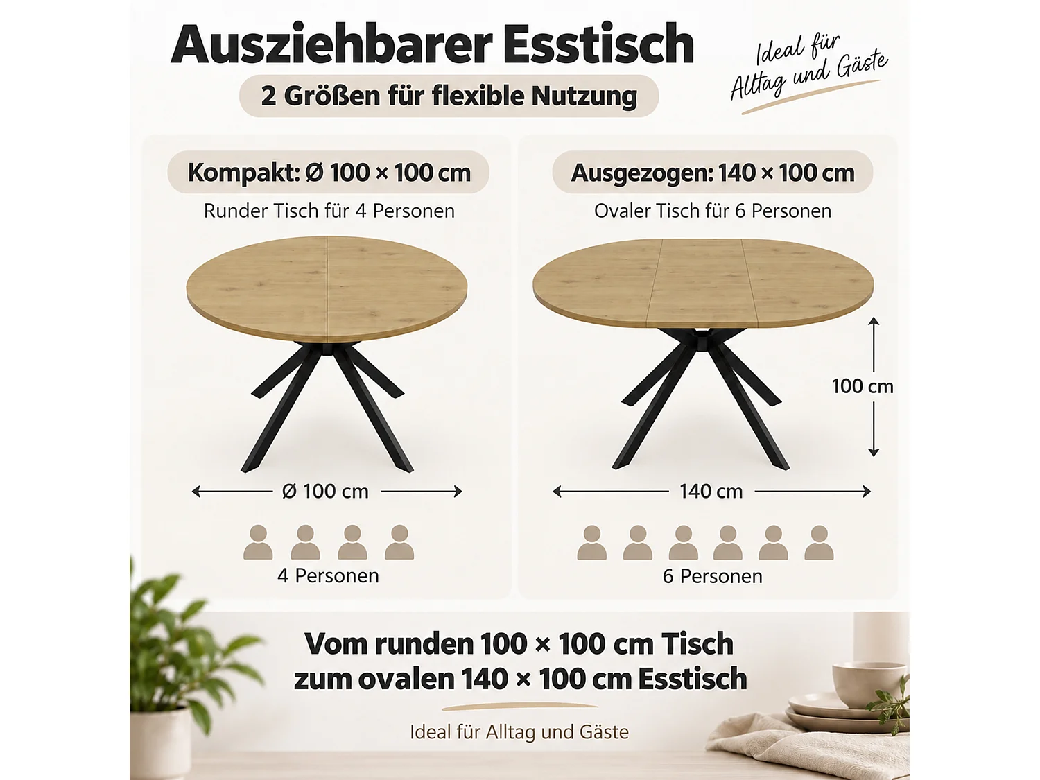 Rozkładany okrągły stół jadalny 100/140 x 100 cm ze zintegrowaną wkładką i metalowymi nogami - MDF - Imitacja drewna