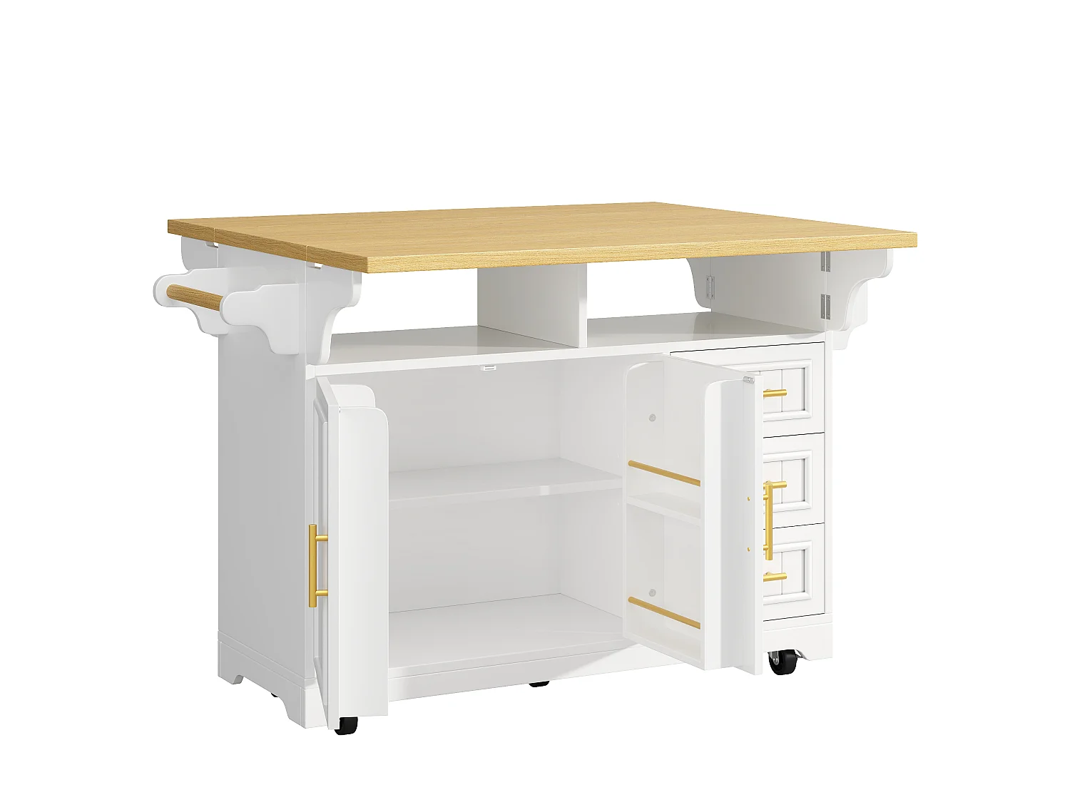 Wyspa kuchenna z 3 szufladami, drzwiami z pionowym wzorem i opuszczanymi półkami - MDF, metal - 120 x 40-80 x 95 cm - biała