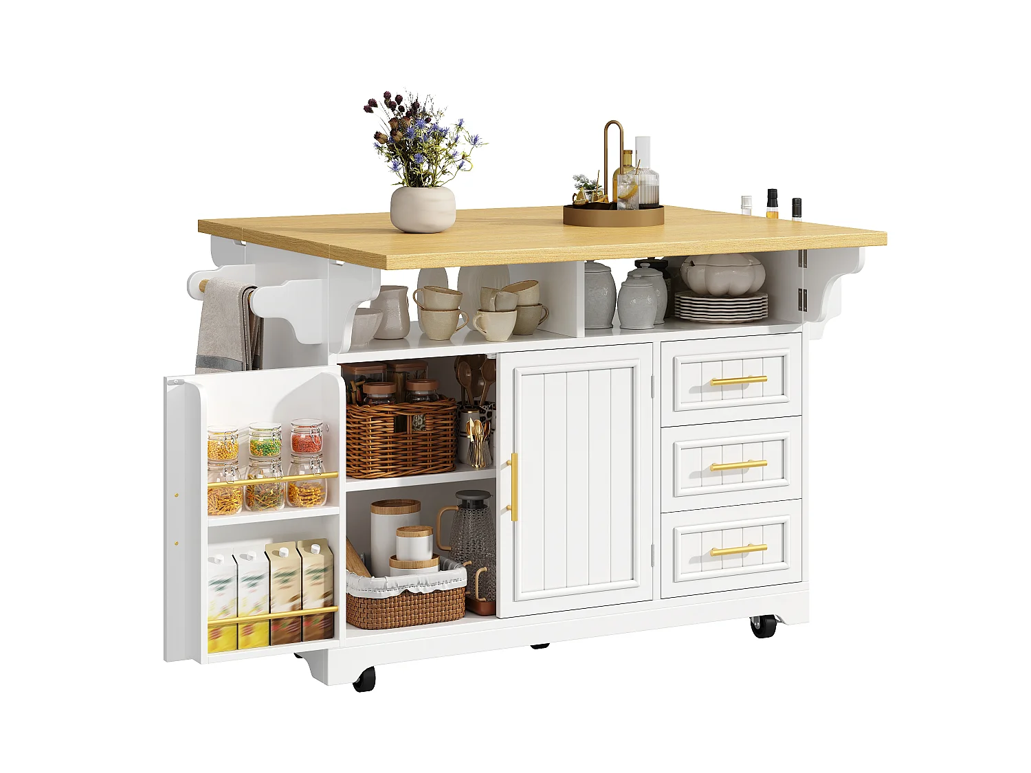 Wyspa kuchenna z 3 szufladami, drzwiami z pionowym wzorem i opuszczanymi półkami - MDF, metal - 120 x 40-80 x 95 cm - biała