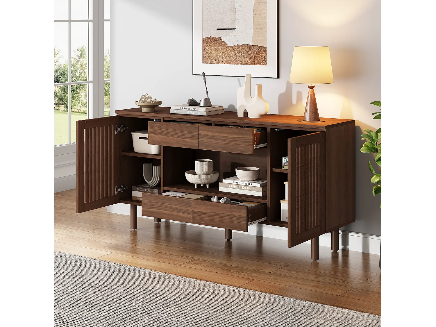 Buffet avec 4 tiroirs, 2 portes persiennes et 5 pieds en bois massif - MDF et bois massif - 140 x 35 x 71 cm - Noyer