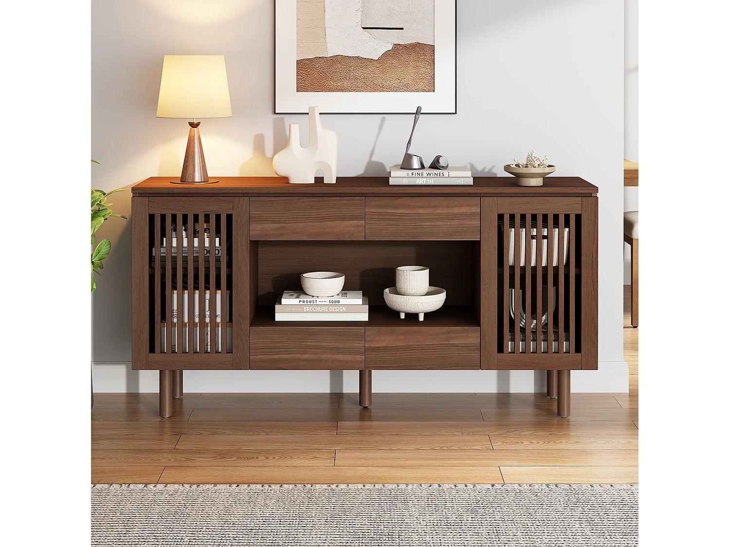 Buffet avec 4 tiroirs, 2 portes persiennes et 5 pieds en bois massif - MDF et bois massif - 140 x 35 x 71 cm - Noyer