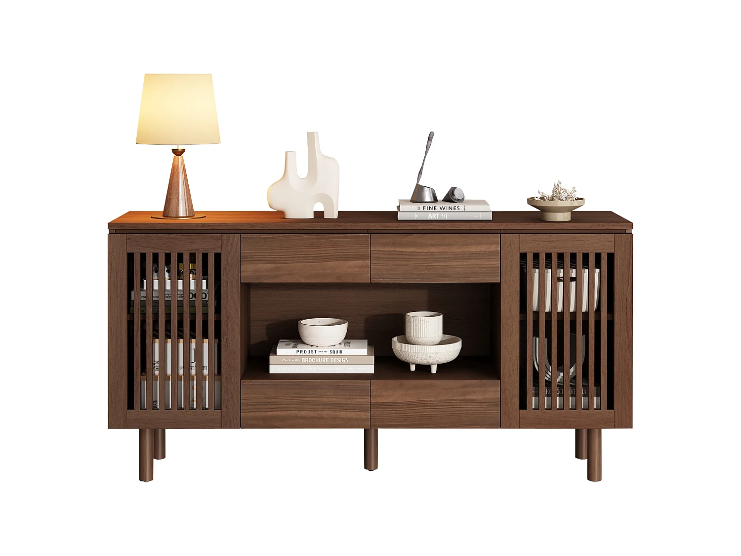 Buffet avec 4 tiroirs, 2 portes persiennes et 5 pieds en bois massif - MDF et bois massif - 140 x 35 x 71 cm - Noyer