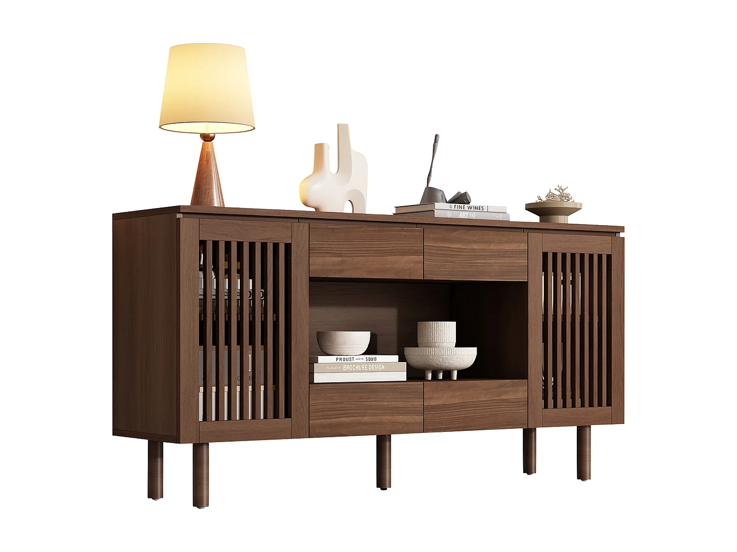 Buffet avec 4 tiroirs, 2 portes persiennes et 5 pieds en bois massif - MDF et bois massif - 140 x 35 x 71 cm - Noyer