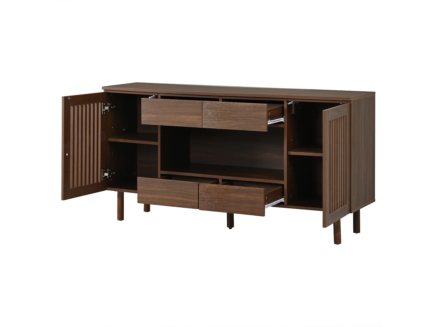 Buffet avec 4 tiroirs, 2 portes persiennes et 5 pieds en bois massif - MDF et bois massif - 140 x 35 x 71 cm - Noyer