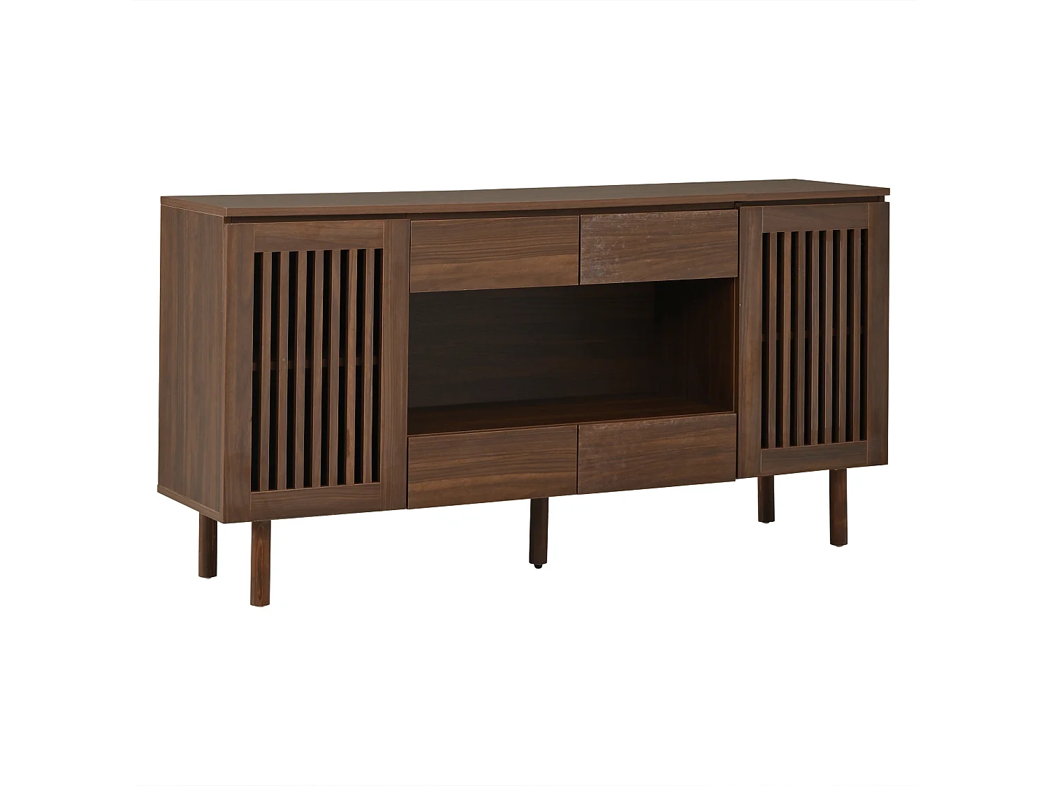 Buffet avec 4 tiroirs, 2 portes persiennes et 5 pieds en bois massif - MDF et bois massif - 140 x 35 x 71 cm - Noyer
