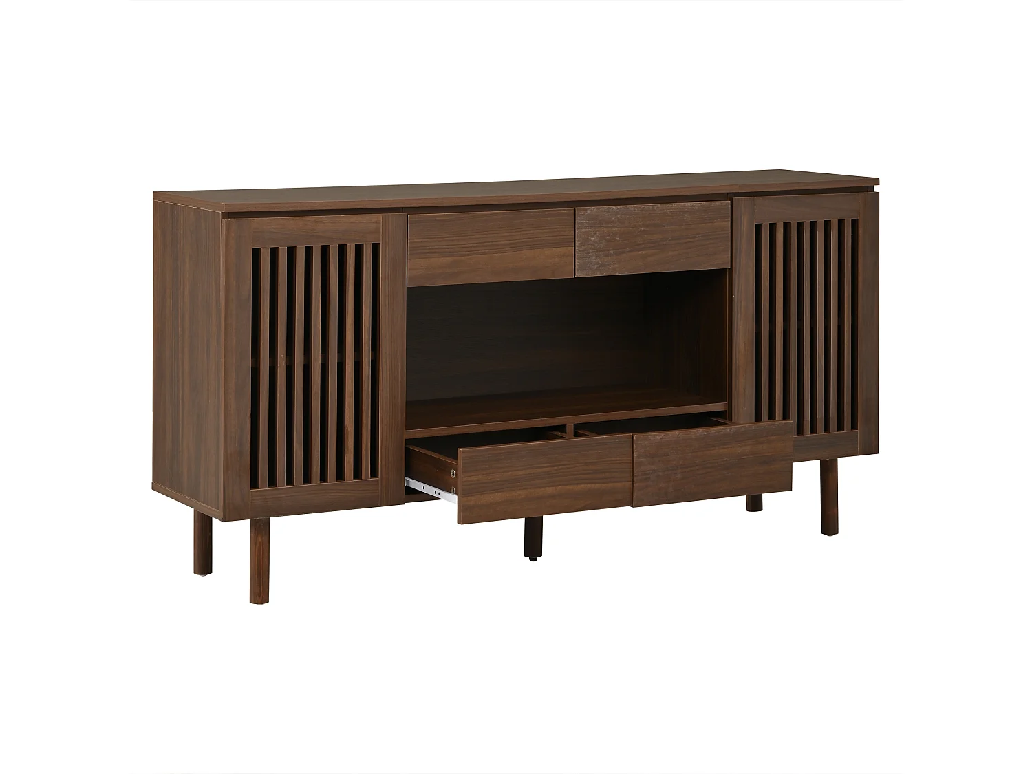 Buffet avec 4 tiroirs, 2 portes persiennes et 5 pieds en bois massif - MDF et bois massif - 140 x 35 x 71 cm - Noyer