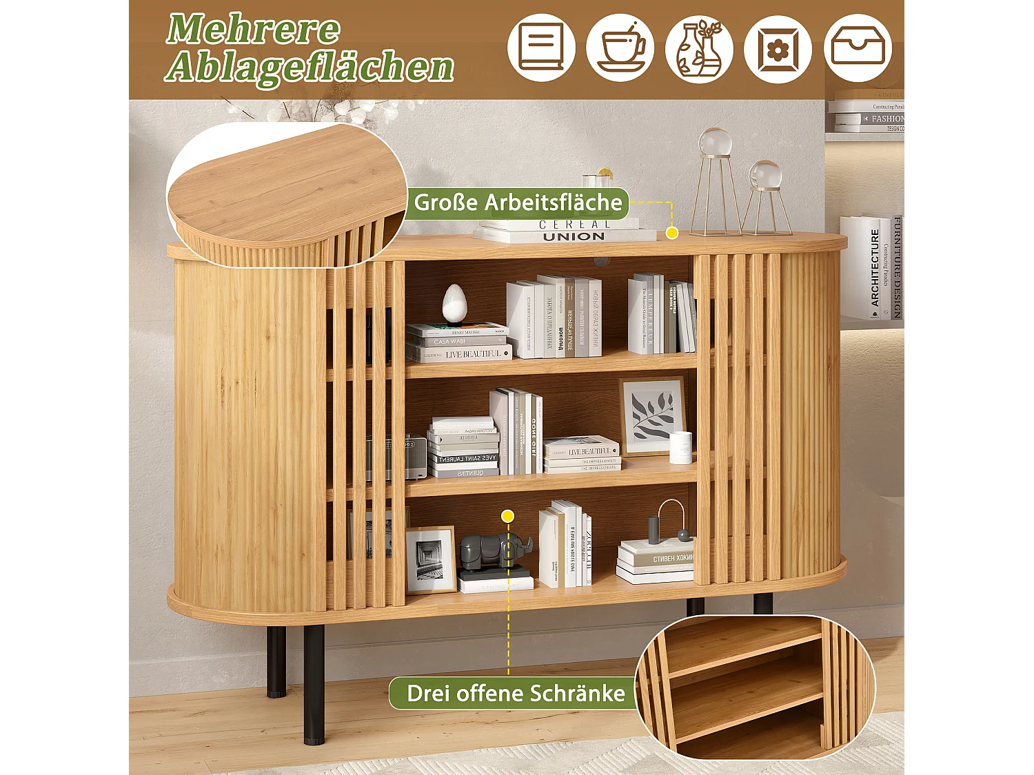 Buffet avec 3 compartiments ouverts et pieds en métal - MDF et panneaux de particules - 120 x 40 x 80 cm - Bois naturel