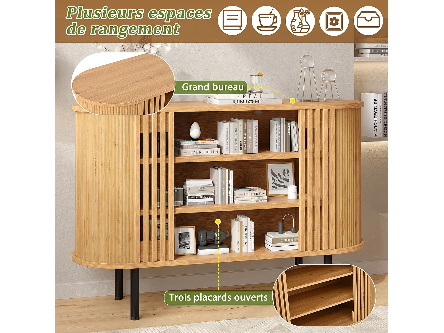 Buffet avec 3 compartiments ouverts et pieds en métal - MDF et panneaux de particules - 120 x 40 x 80 cm - Bois naturel