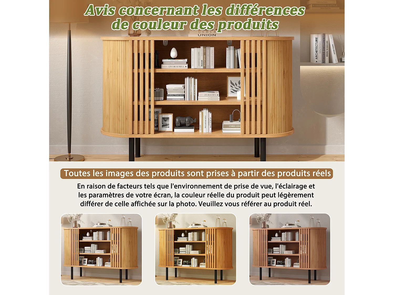 Buffet avec 3 compartiments ouverts et pieds en métal - MDF et panneaux de particules - 120 x 40 x 80 cm - Bois naturel