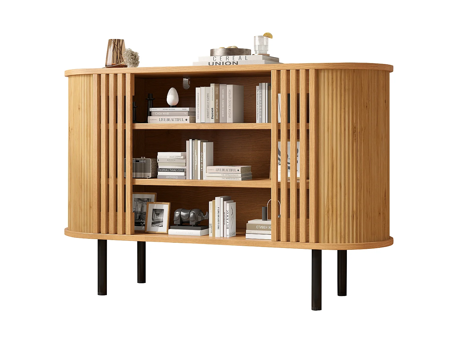 Buffet avec 3 compartiments ouverts et pieds en métal - MDF et panneaux de particules - 120 x 40 x 80 cm - Bois naturel