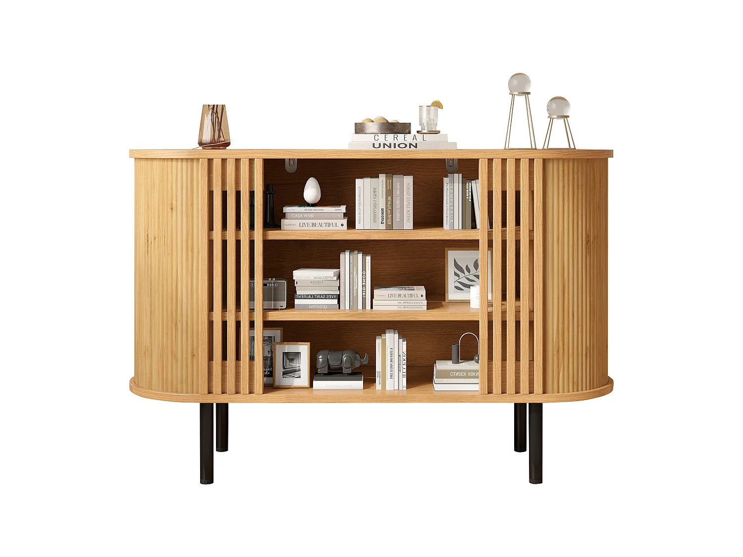 Buffet avec 3 compartiments ouverts et pieds en métal - MDF et panneaux de particules - 120 x 40 x 80 cm - Bois naturel