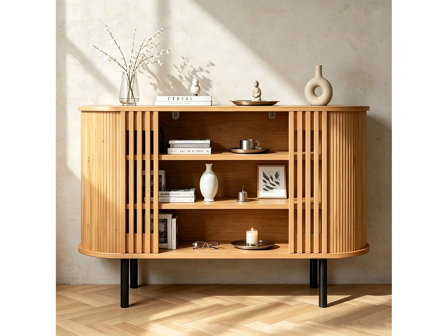 Buffet avec 3 compartiments ouverts et pieds en métal - MDF et panneaux de particules - 120 x 40 x 80 cm - Bois naturel