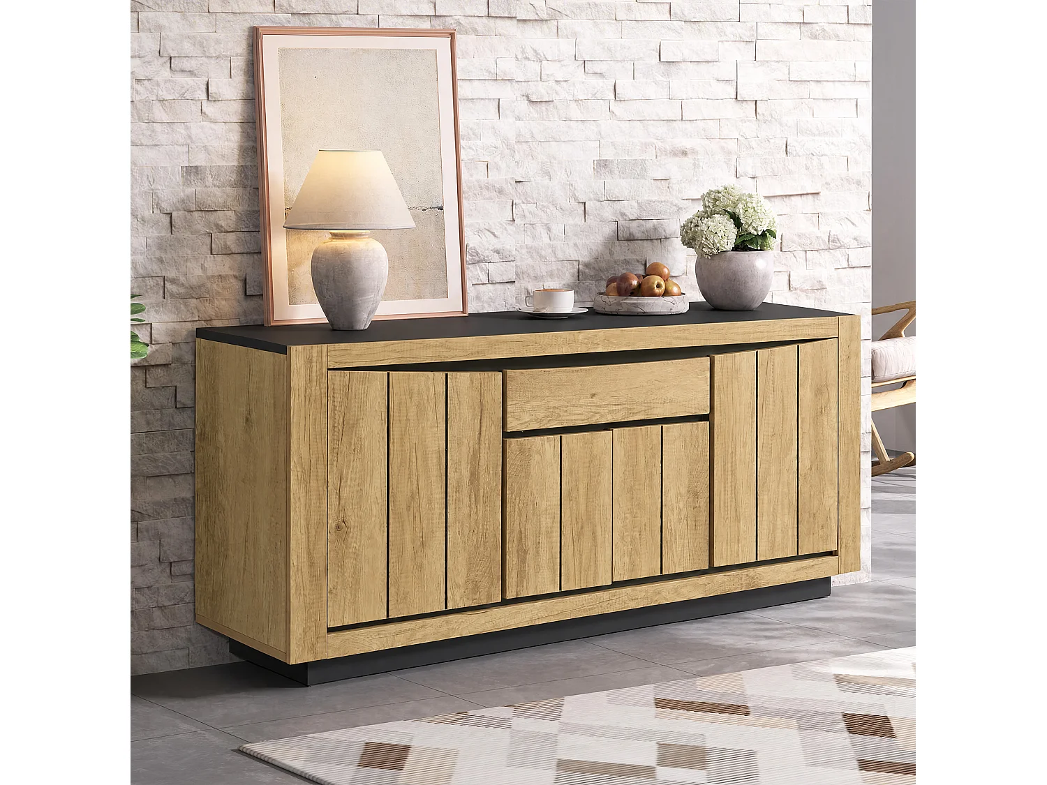 Buffet avec 4 portes, 1 tiroir sans poignées - MDF - 140 x 40 x 60 cm - Noir et aspect bois