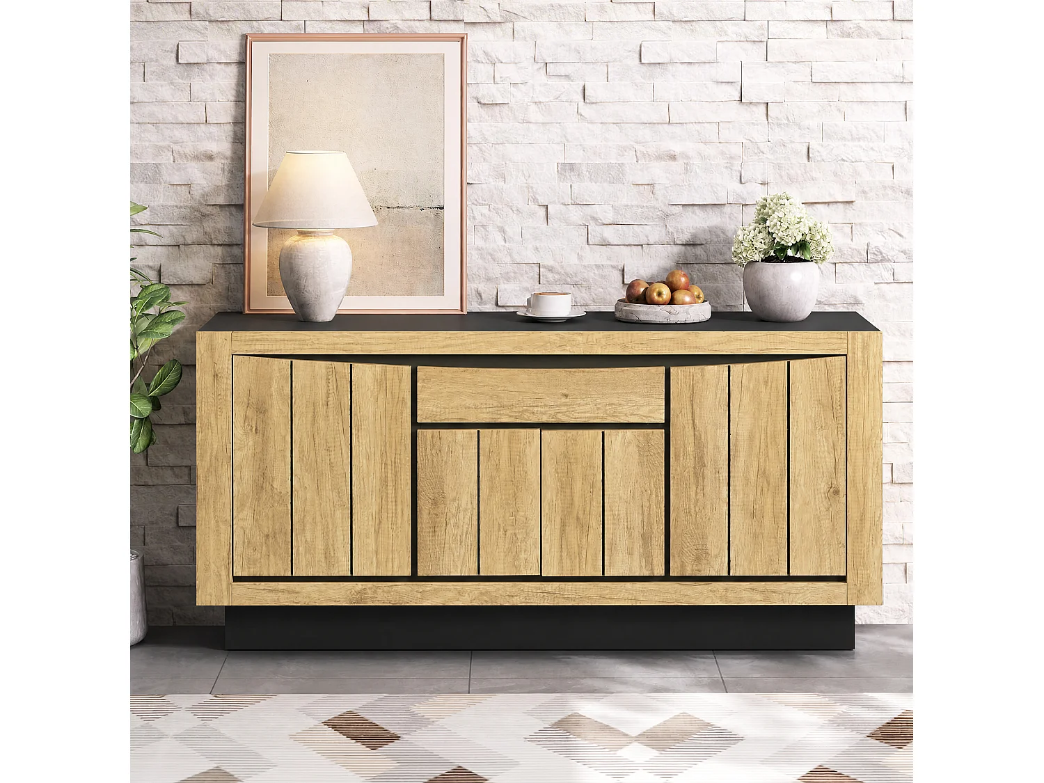 Buffet avec 4 portes, 1 tiroir sans poignées - MDF - 140 x 40 x 60 cm - Noir et aspect bois